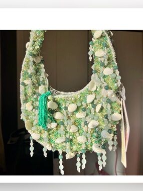 Free People Beaded Seashell Bag in Seafoam, Aqua, White